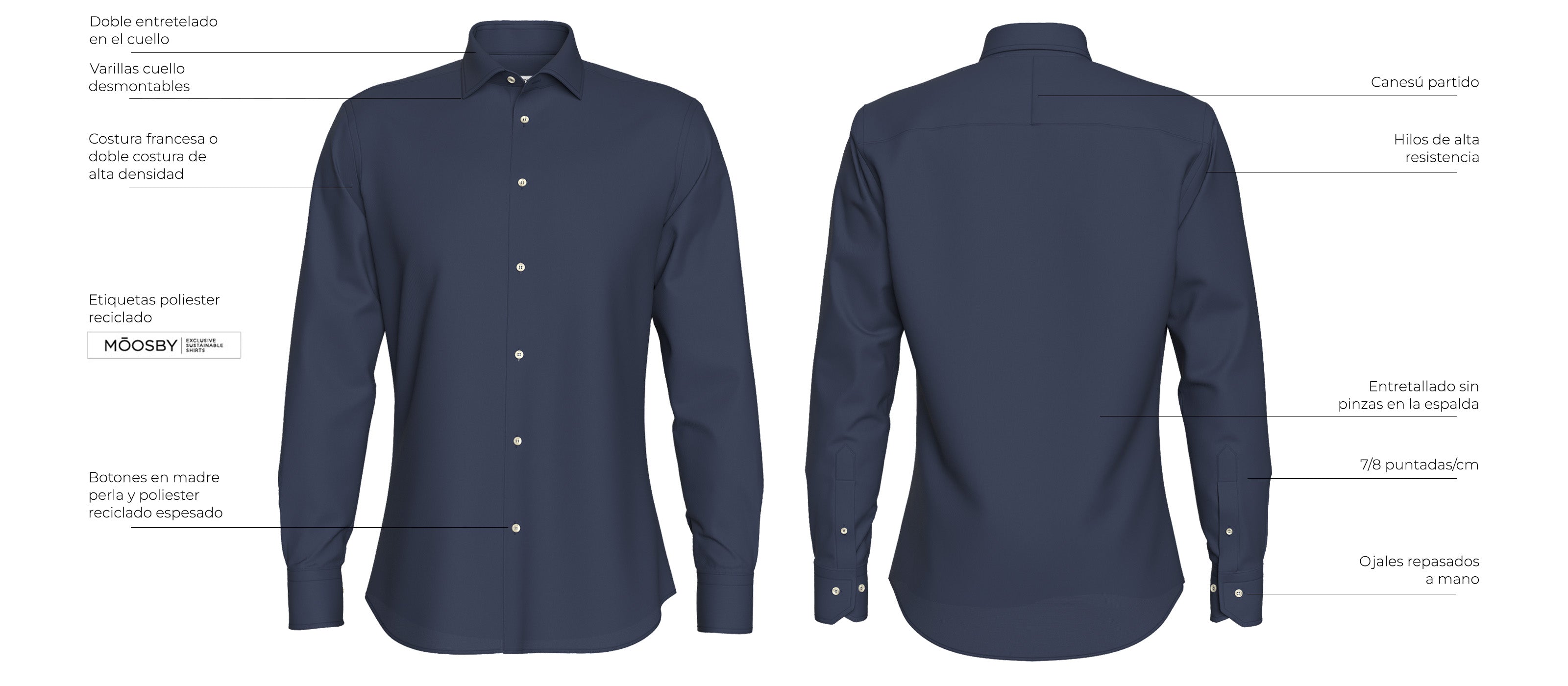 Imagen frontal y trasera de camisa azul marino con las 10 características o detalles que hacen de ella una prenda única