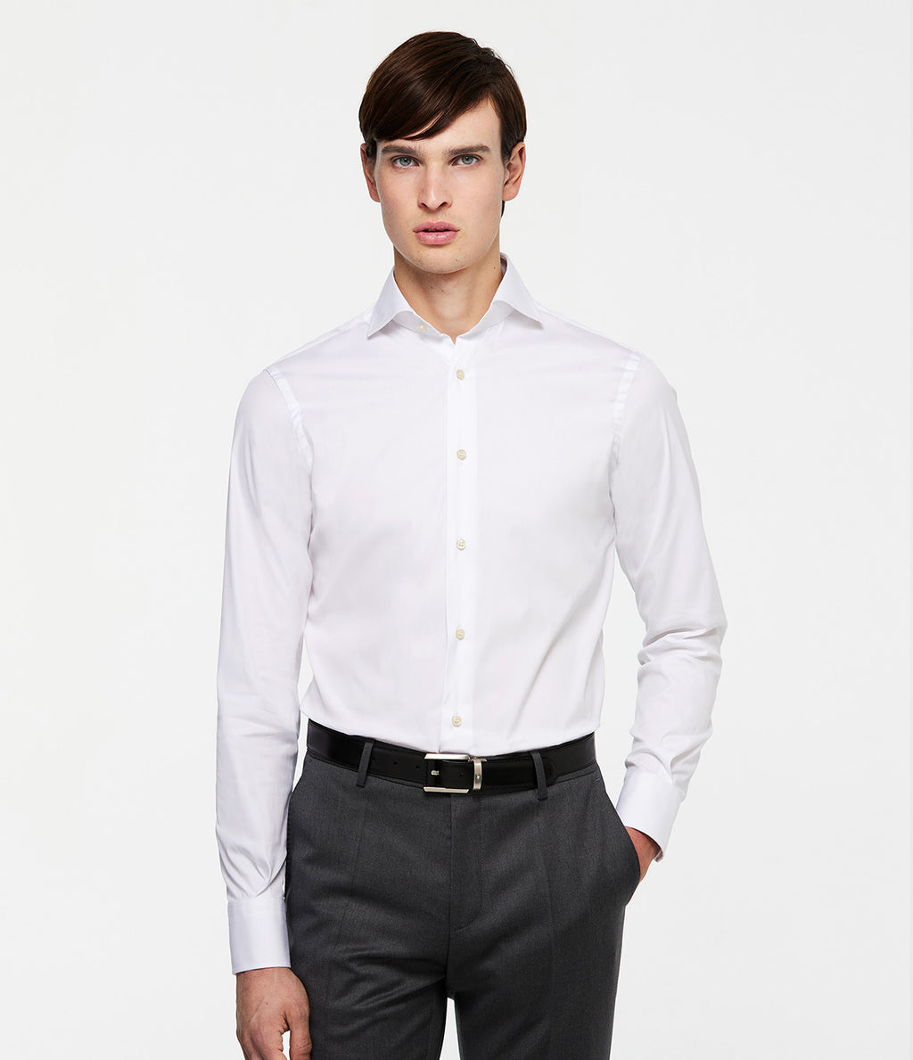 Camisa blanca de vestir para hombre algodón elástico