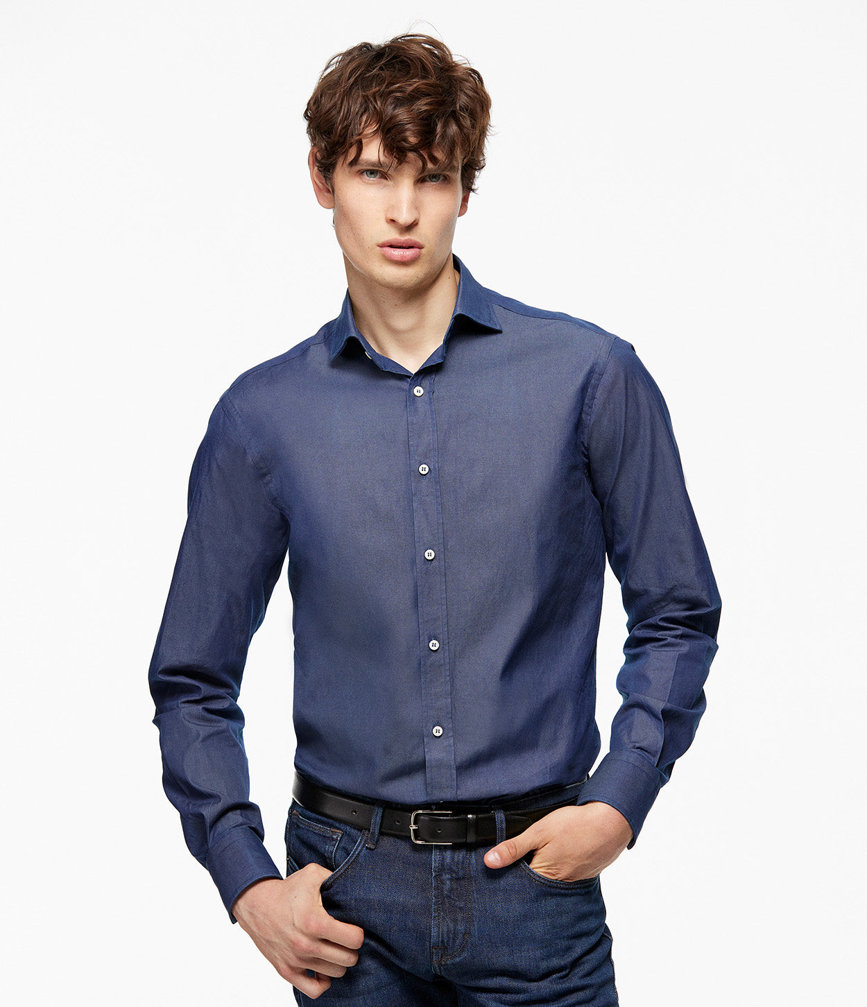 Camisa jean azul online hombre